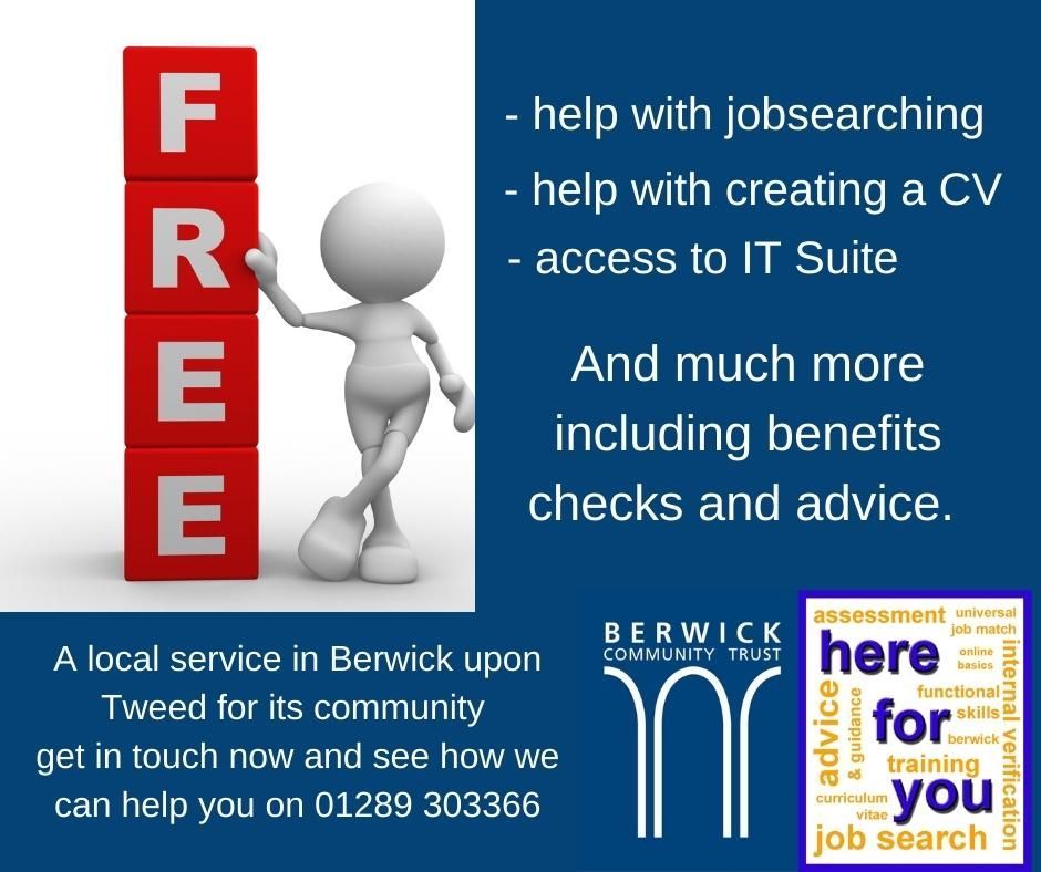Here for You has experienced staff who can help you with a variety of issues.  All the services are free and available to anyone in the Berwick upon Tweed and surrounding area. #hereforyou #community #helpbackintowork #support